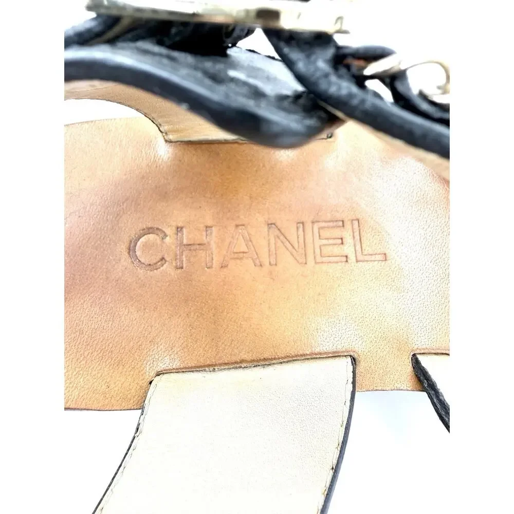 Chanel CC Logo Gladiator Sandals 37.5 US 7.5 Leather Multi Strap Chain Link - Picture 10 of 11